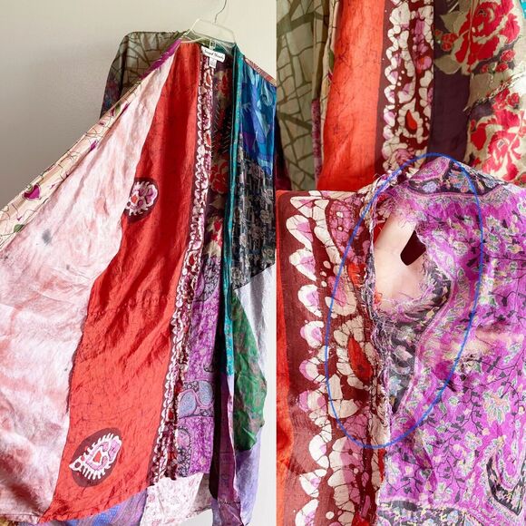 Sacred Threads Silk Kimono Robe Multicolor Patchwork Small - Picture 7 of 16
